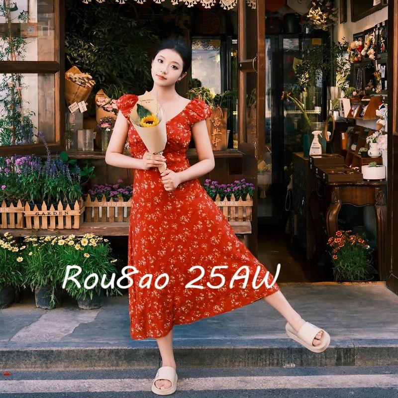 

Rou8Ao Plus Size Women s French Floral Dress 2026 Summer Elegant Waist-Cinching Tea Break Long Dress for Curvy Women Dress M