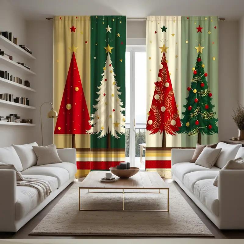 2pcs  Colorful Christmas Tree Pattern Curtains   Vibrant Design Light - Filtering Polyester Curtains for Christmas Home Windows