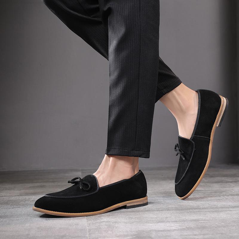 Fashion Men's Casual Shoes Nubuck Genuine Leather Men Trendy Bowknot Party Wedding Loafers Flats Mens Driving Moccasins EUR Sizes 38-48