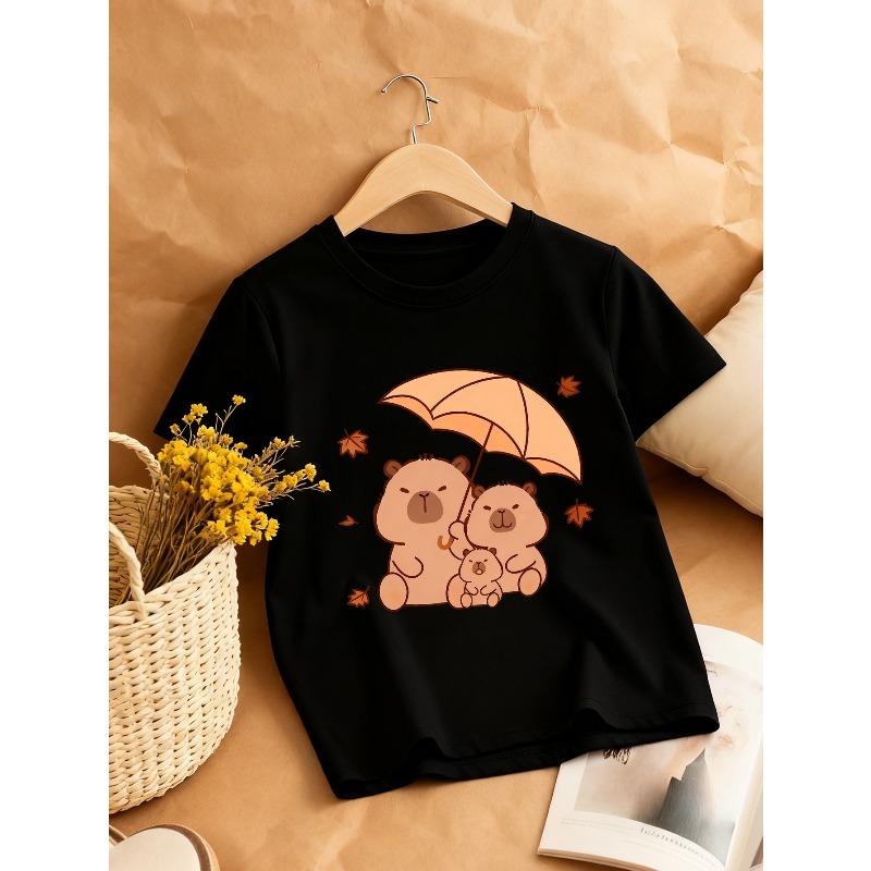 

European sizes Girls Crew Neck T-Shirt with Umbrella Capybara Print | Comfortable Casual Style, Perfect for Spring/Summer, Regular Fit 98cm чёрный