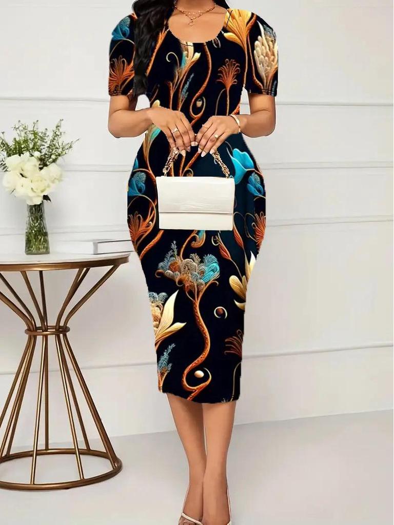 2026 Spring/Summer Women's Elegant Plus Size Printed Short Sleeve Dress - European & American Style