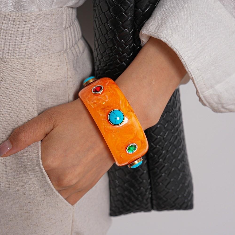 Wide Turquoise Acrylic Bracelet Turquoise Retro Hand Ring Acrylic Rhinestone Bangle  Decoration