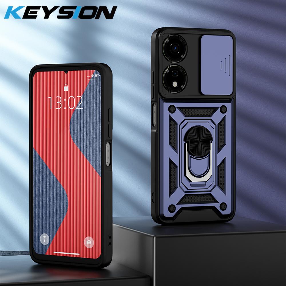 KEYSION Shockproof Armor Case for Itel P55 5G Silicone+PC Slide Camera Lens Protection Ring Stand Phone Cover for Itel P55 5G