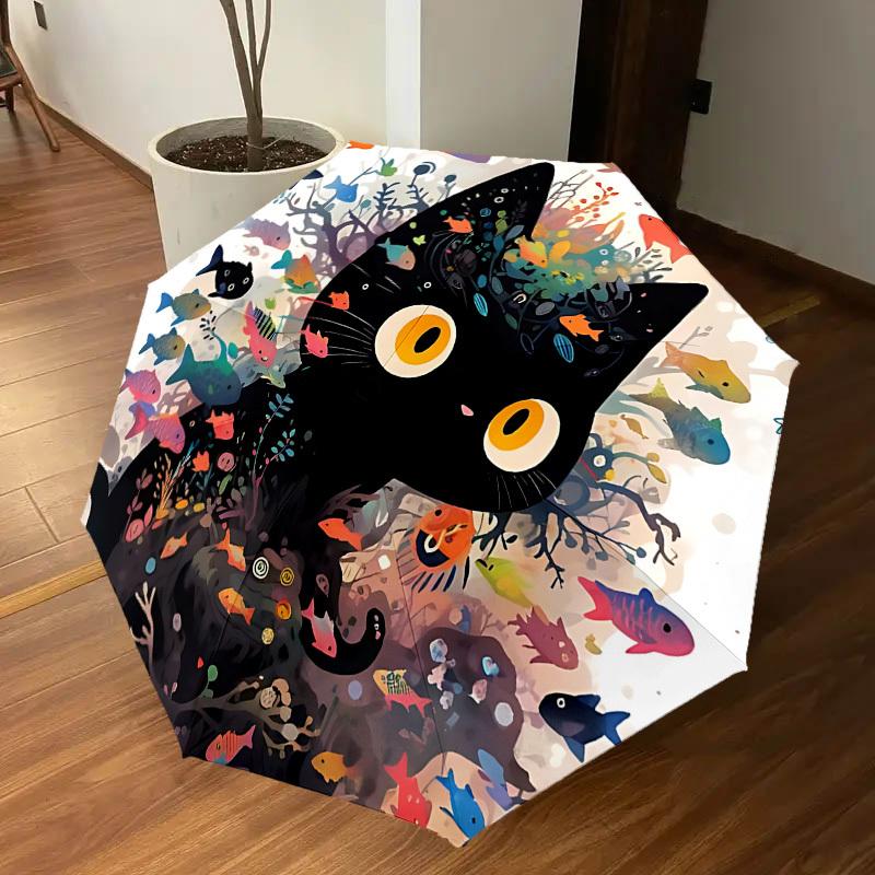 1PC cat fishAutomatic Open/Close Umbrella with Windproof, 8-Rib Sturdy Canopy, Durable Ribs, Fashionable Design, Outdoor Accessory, Fun Prin, Holiday