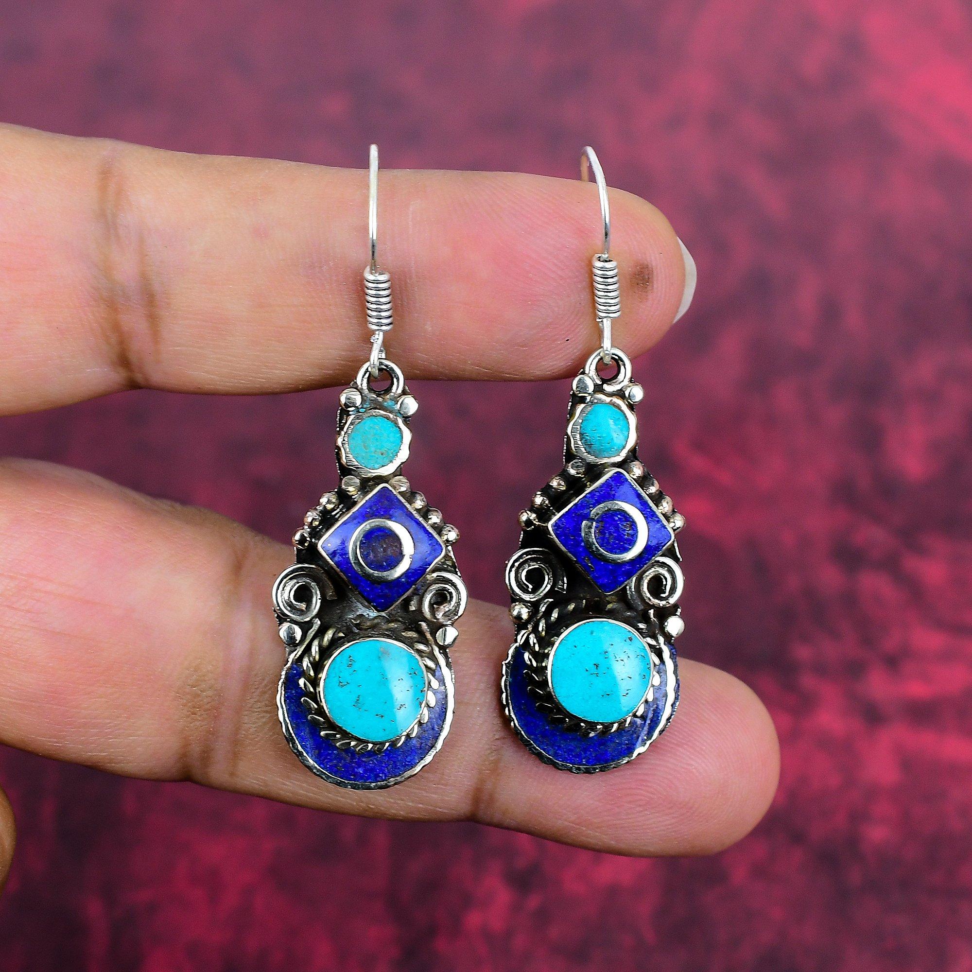 

Серьги из бирюзы и лазурита из стерлингового серебра 925 пробы, серьги ручной работы с драгоценными камнями в непальском стиле, ювелирные украшения, подарки для жены, совершенно новые серьги 1.96 inches