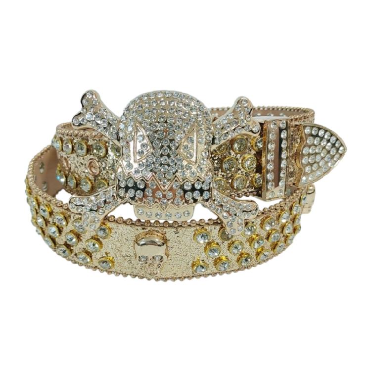 Versatile Male Female Skull Rivet Waist Belt with Rhinestone Buckle Adjustable