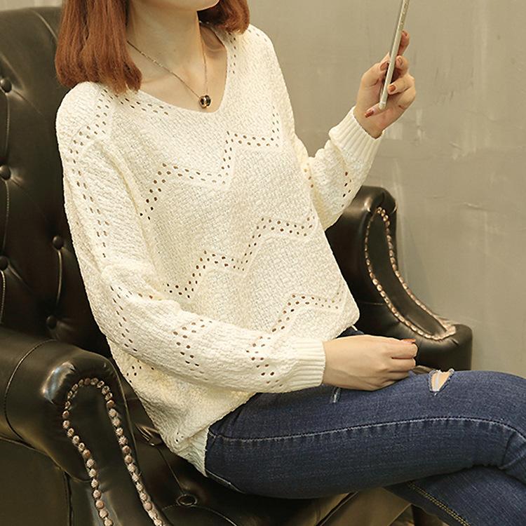 Women's Loose V-neck Knitted Sweater Hollowed Out Sweater Jacket Women's Knitted Sweater