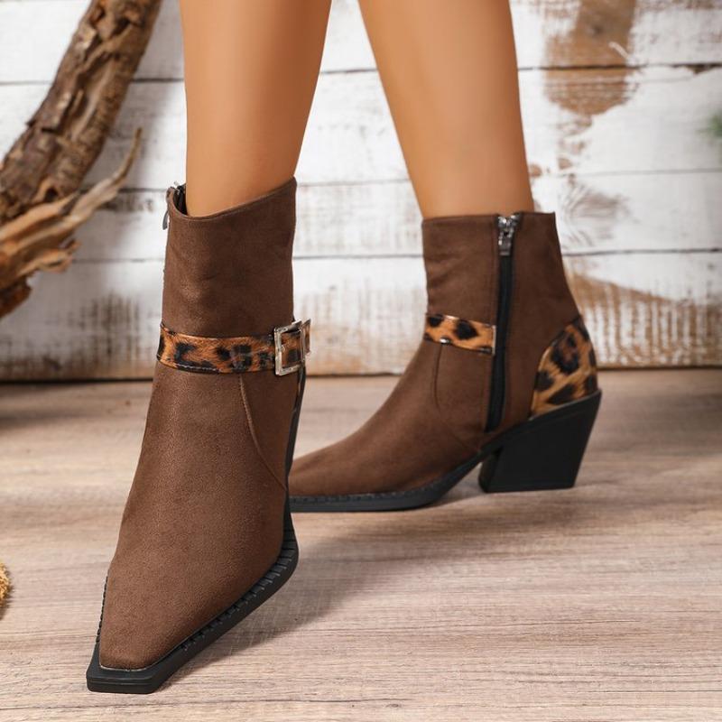 Fashion 2025 New Leopard Print Buckle Winter Large Size Short Boots For Women Thick Heel Ankle Boots Side Zip Fashion Boots Shoes