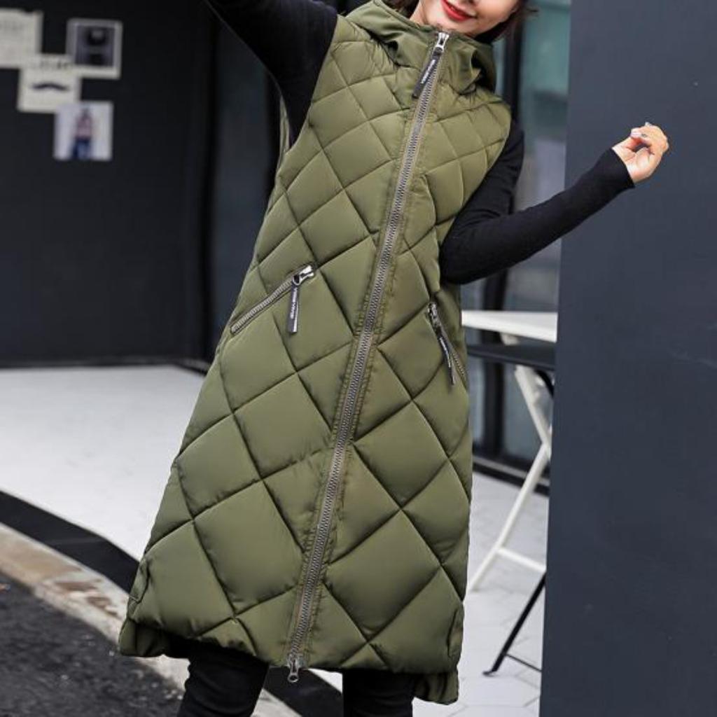 Women Winter Vest Padded Zipper Sleeveless Hooded Solid Color Keep Warm Thick Midi Length Winter Down Coat for Daily Wear
