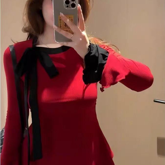 

Women s Plus Size Long Sleeve German Velvet Bow T-shirt - Slimming Base Layer for Spring/Autumn M (Recommended for 40-50kg) красный