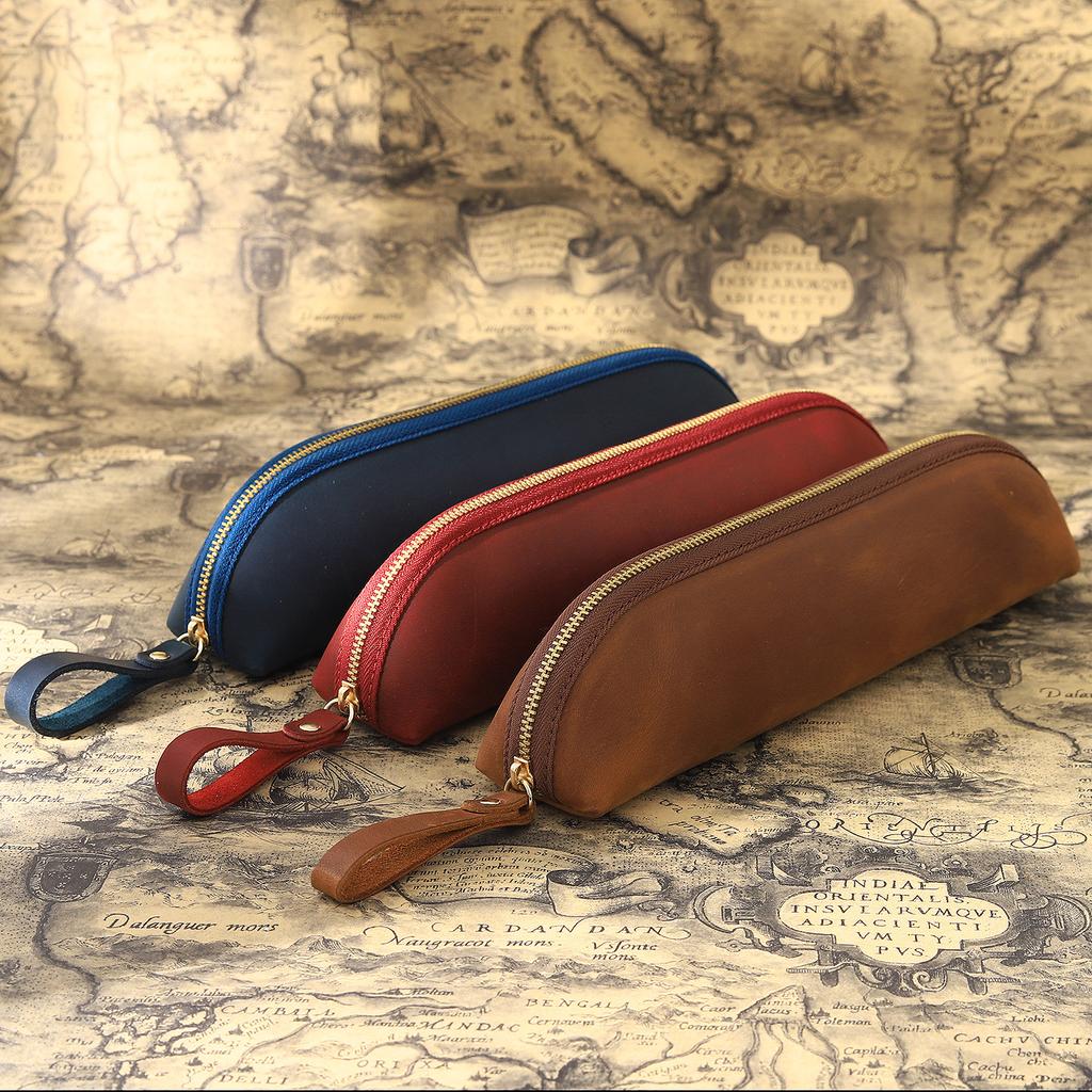 High Quality Creative Mini Pencil Box Small Crazy Horse Leather Zipper Easy Open Pen Holder Compact Pocket Pencil Case Custom