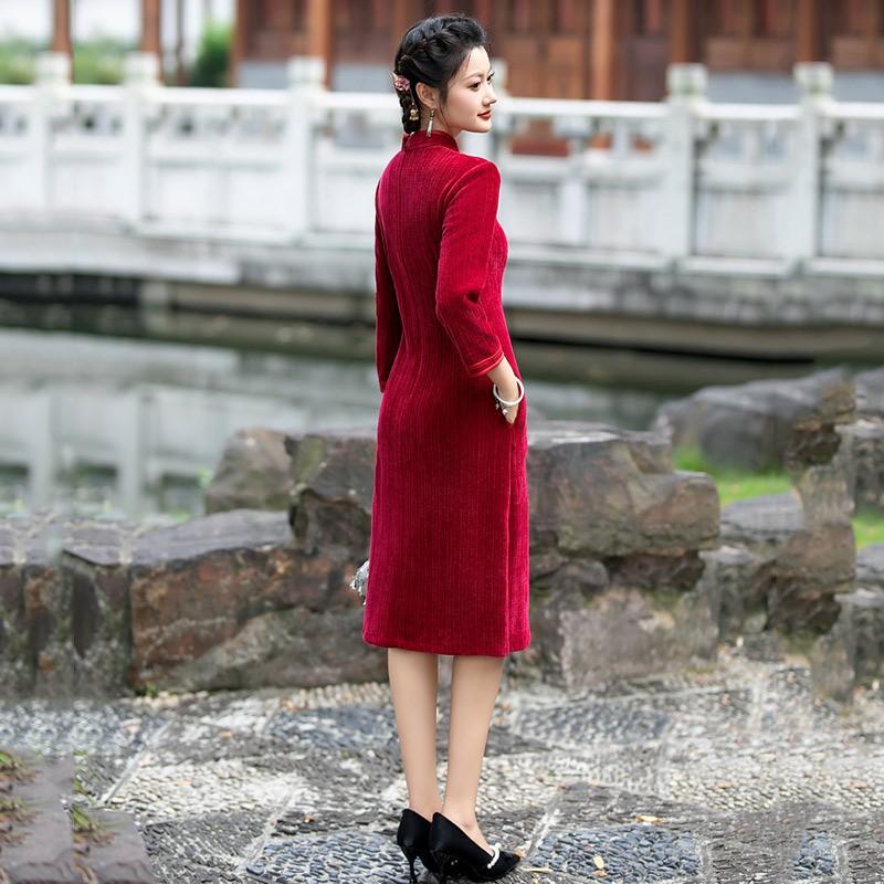 Slim Fit Black Dress Women Vintage Chinese Style Long Sleeve Midi Wear