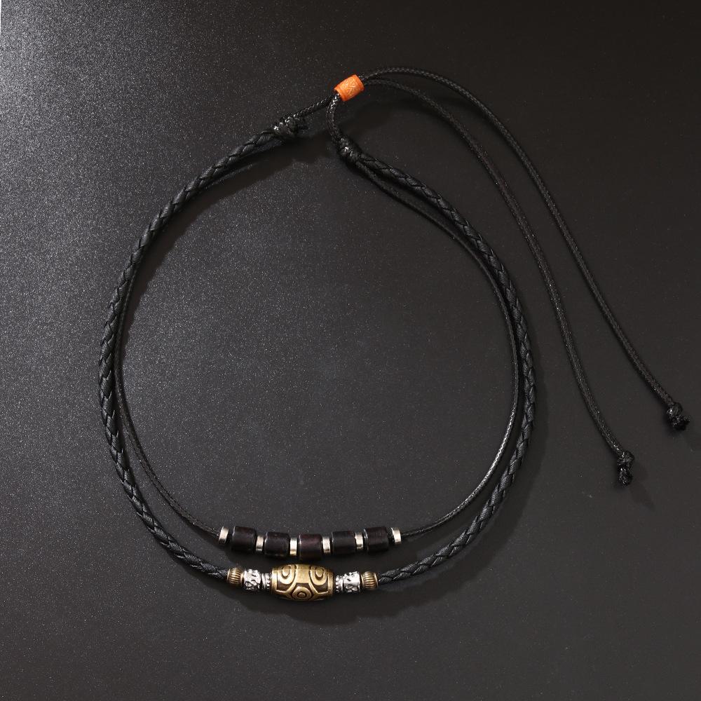 Vintage Indigo Braided Wax Rope Dzi Bead Pendant Necklace Men's Punk Collarbone Chain Personality Accessory