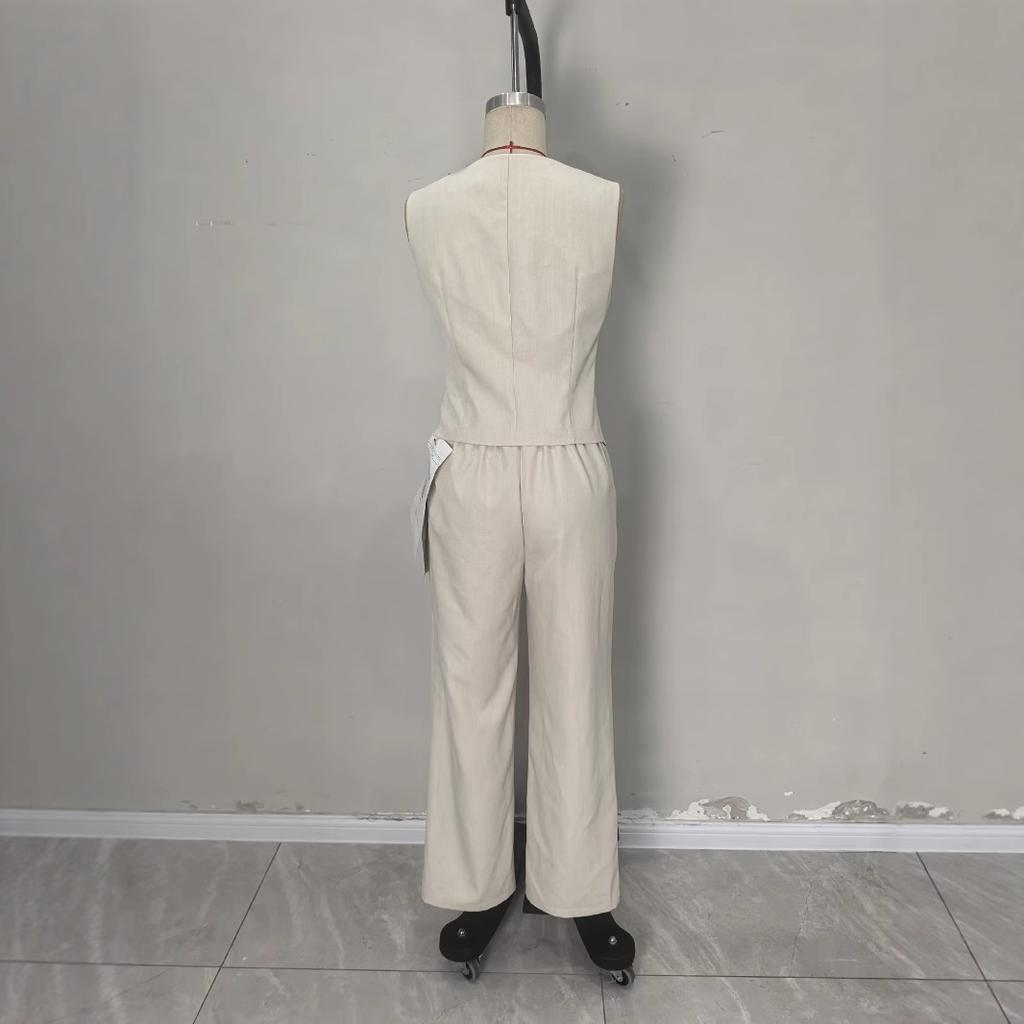 Women's Sleeveless Vest and Wide Leg Pants Set, Light Beige