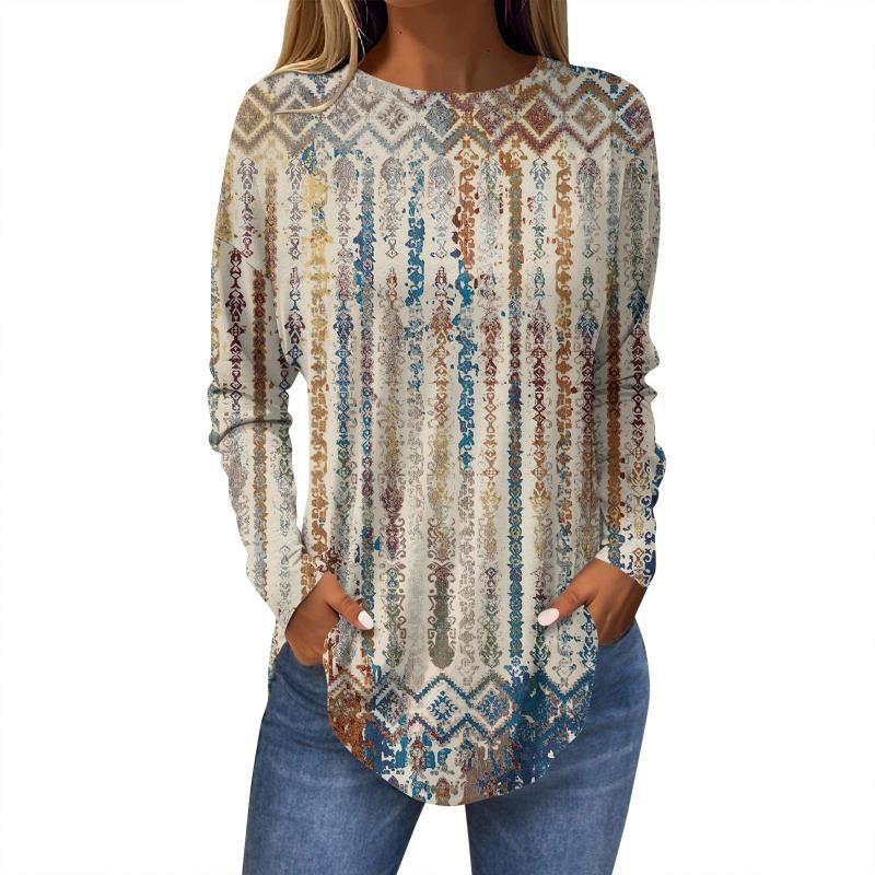 Damen T-Shirt mit 3D-Blattdruck, modisch, langärmlig, Rundhalsausschnitt, normale Oberteile, Feiertagswochenende, Frühling und Herbst
