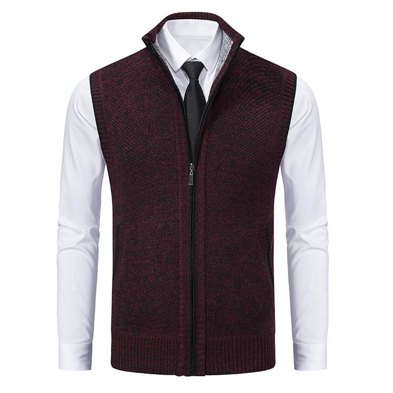 Men's Autumn/Winter Fleece-Lined Knit Sweater Vest with Stand Collar