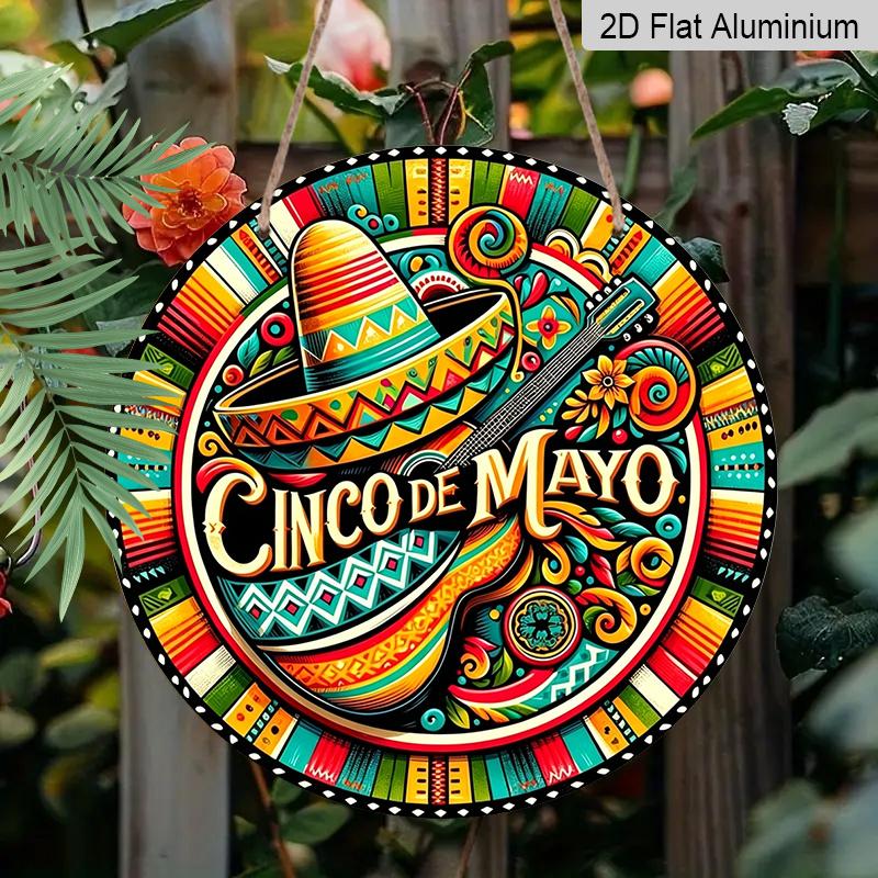 2D Flat, 1pc Round Aluminum Hanging Sign, Cinco De Mayo Sombrero & Guitar Mexican Folk Art Design, Vibrant Fiesta Metal Sign, Perfect for Taco Bar