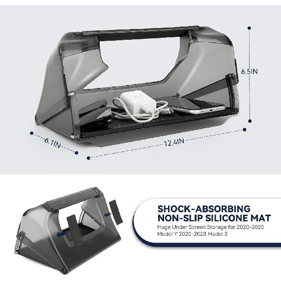 2025 Upgrade Under Screen Storage For Tesla -2025 Model Y - Model 3,Open And Close Center Console Organizer Tray With Anti-Slip Silicone Pad For
