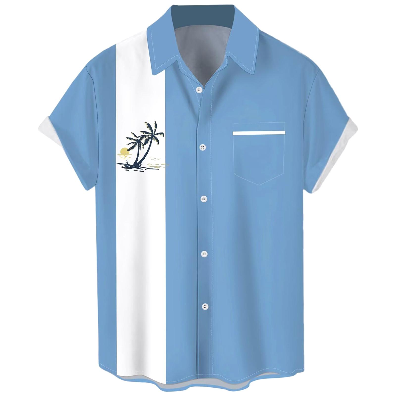 

Гавайская рубашка для мужчин, мужские винтажные рубашки для боулинга на пуговицах, летняя пляжная рубашка с коротким рукавом M синий