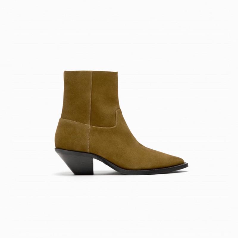 ZA2025 Women's Retro Cowhide Suede Chunky Heel Slip-On Ankle Boots with Round Toe & Wide Shaft