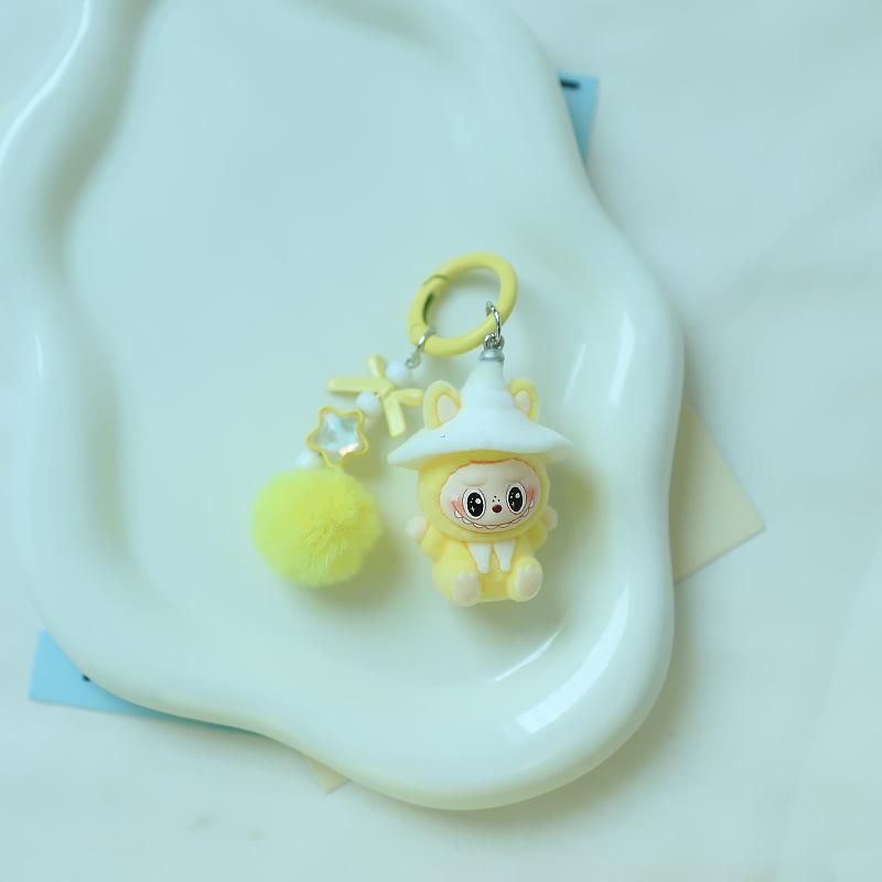 1 Piece Cartoon Flocking Wizard Labubu Keychain Cute Bag Hanging Pendant Backpack Earphone Case Decoration Birthday Gifts