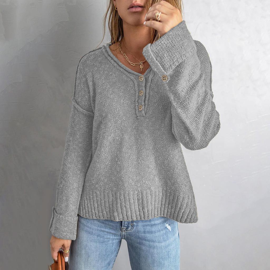 Women's Temperament Casual Solid Color Button Off Shoulder Loose Knitted Sweater