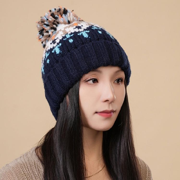Pompoms Contrast Color Winter Hat Knitted Slouch Skull Hat Adjustable for Outdoor Activity Everyday Use Head Accessory