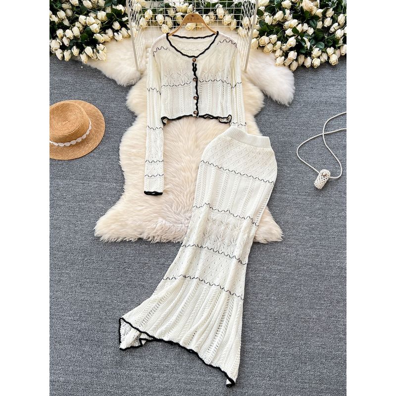 French Style Gentle Fancy Cut Out Knitting Cardigan Outwear + Silm Sheath Fishtail Skirt Two-piece Set