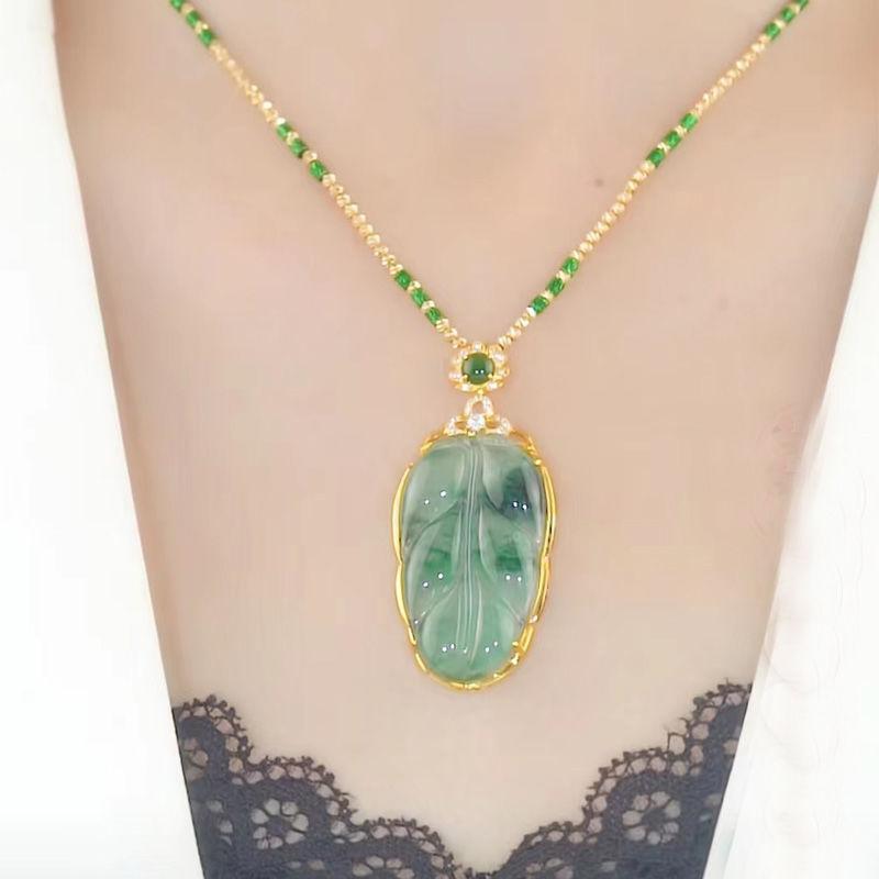 Golden Branch Jade Leaf Imitation Jade Green Necklace Pendant Female Big Leaf Youcheng Bamboo Sweater Chain Clothing Pendant
