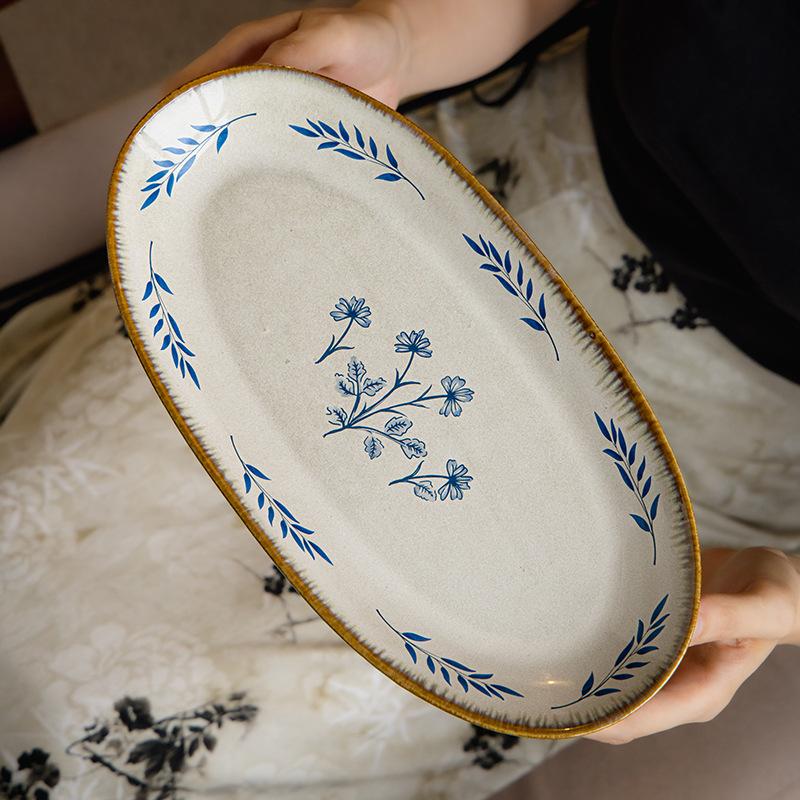 Retro Plate Household 12-Inch Ceramic Fish Plate Oval Steamed Fish Plate Restaurant Large Vegetable Plate Exit