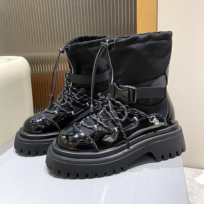 Fashion Motorcycle Boots Women Winter Lace-up Buckle Design Boots for Women Thick Bottom Patent Leather Cowboy Ankle Boots