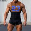 INCERUN Men Sleeveless Letter Print Homewear Skinny Jumpsuits Romper One Piece Suit