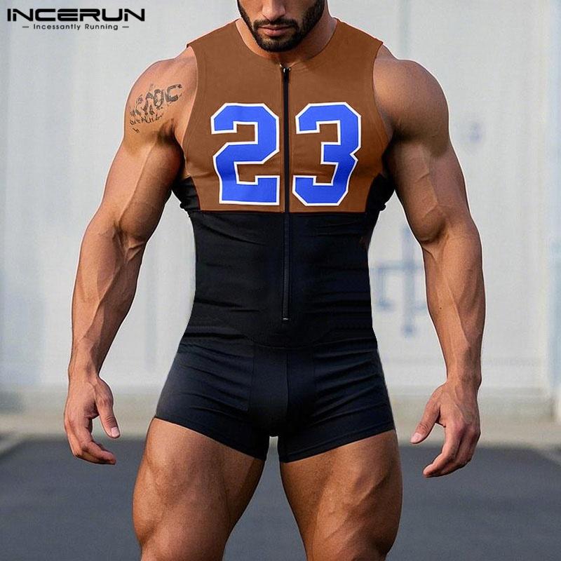 INCERUN Men Sleeveless Letter Print Homewear Skinny Jumpsuits Romper One Piece Suit