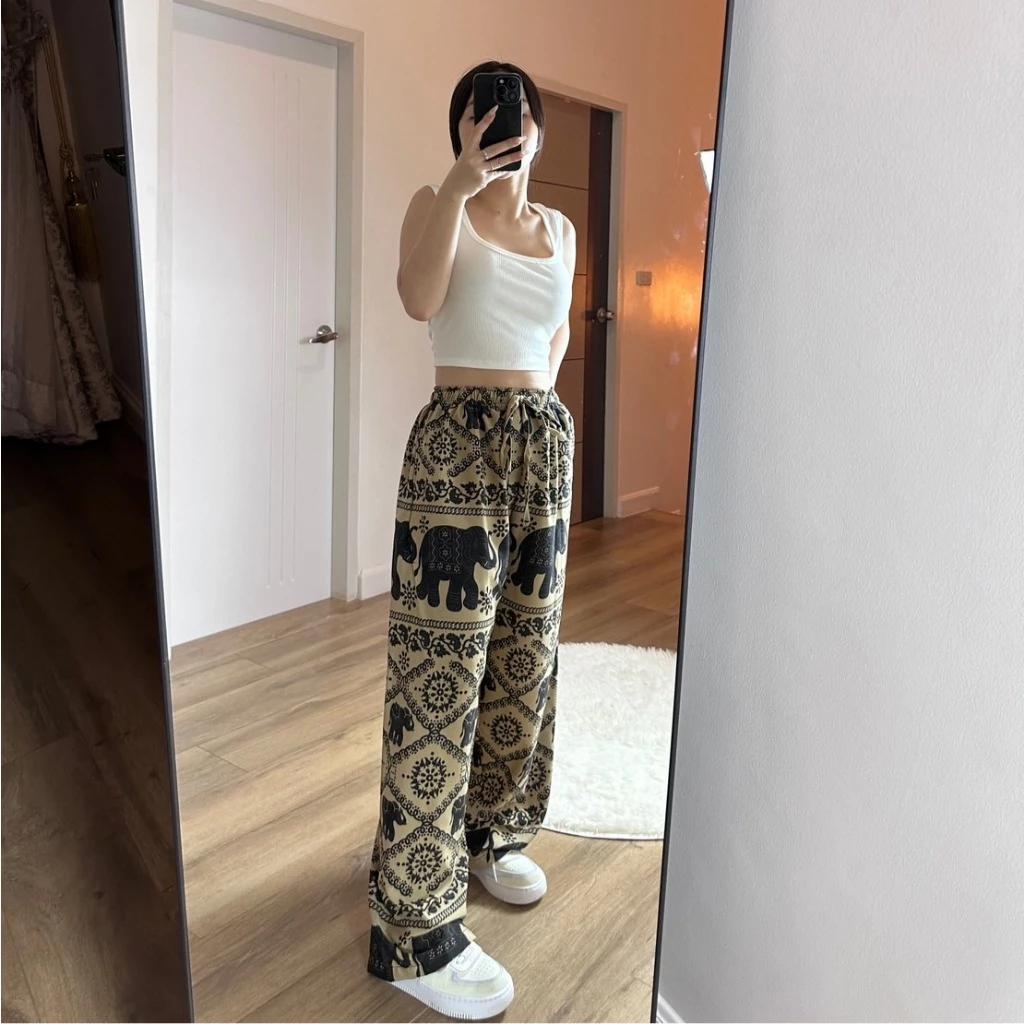 Elephant Pants Women Men Unisex Premium Japanese Silk Print Thailand Casual Streetwear Beach Bohemian Retro Vintage Adjustable Rope Loose Legs