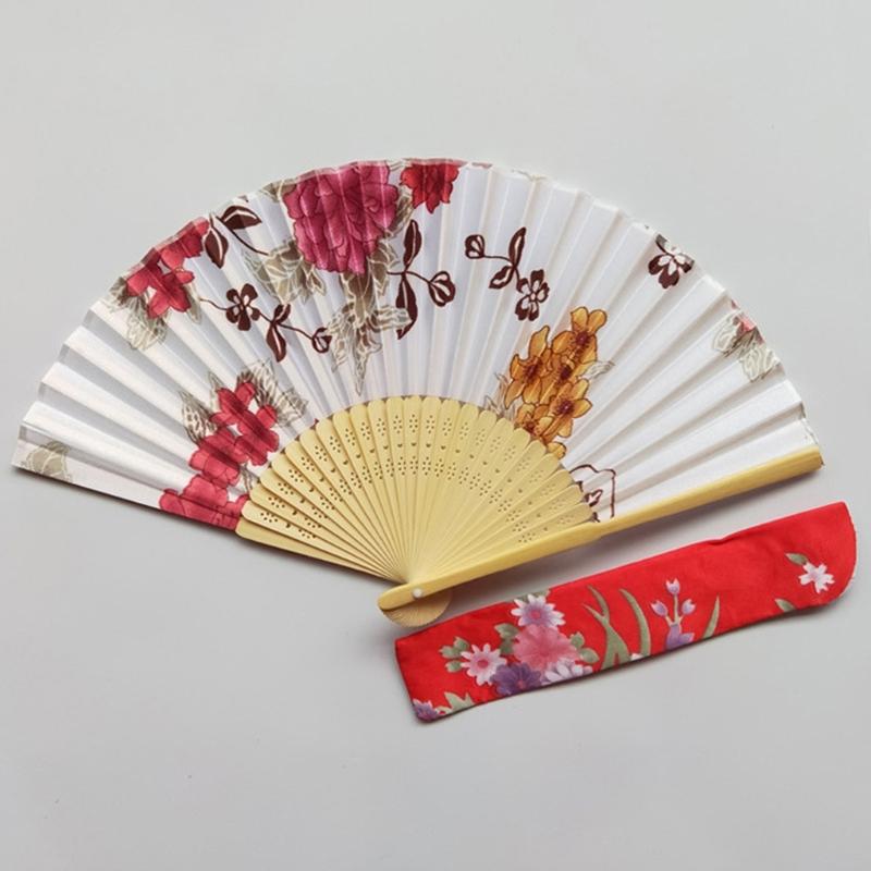 Vintage Folding Hand Fan with Bag Bamboo Fabric Fans for Women Dance Gift Music Festival Performances Wedding Decoration