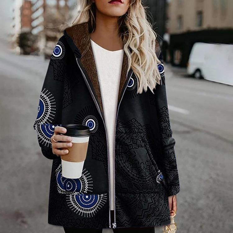 Winter Warm Große Größen Damen Freizeit Kapuzenmantel mit Aufdruck Dicker Retro Überzieher mit Taschen Reißverschluss