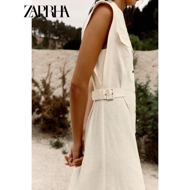Zaprha2025 Summer New Linen Blend V-neck Sleeveless Strap Shirt Midi Dress 7016709