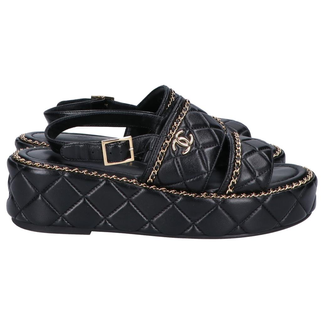Chanel G46613 CC Logos Matelassé/Kette Plateau Sandalen Schuhe 37 1/2C Schwarz / goldGebraucht