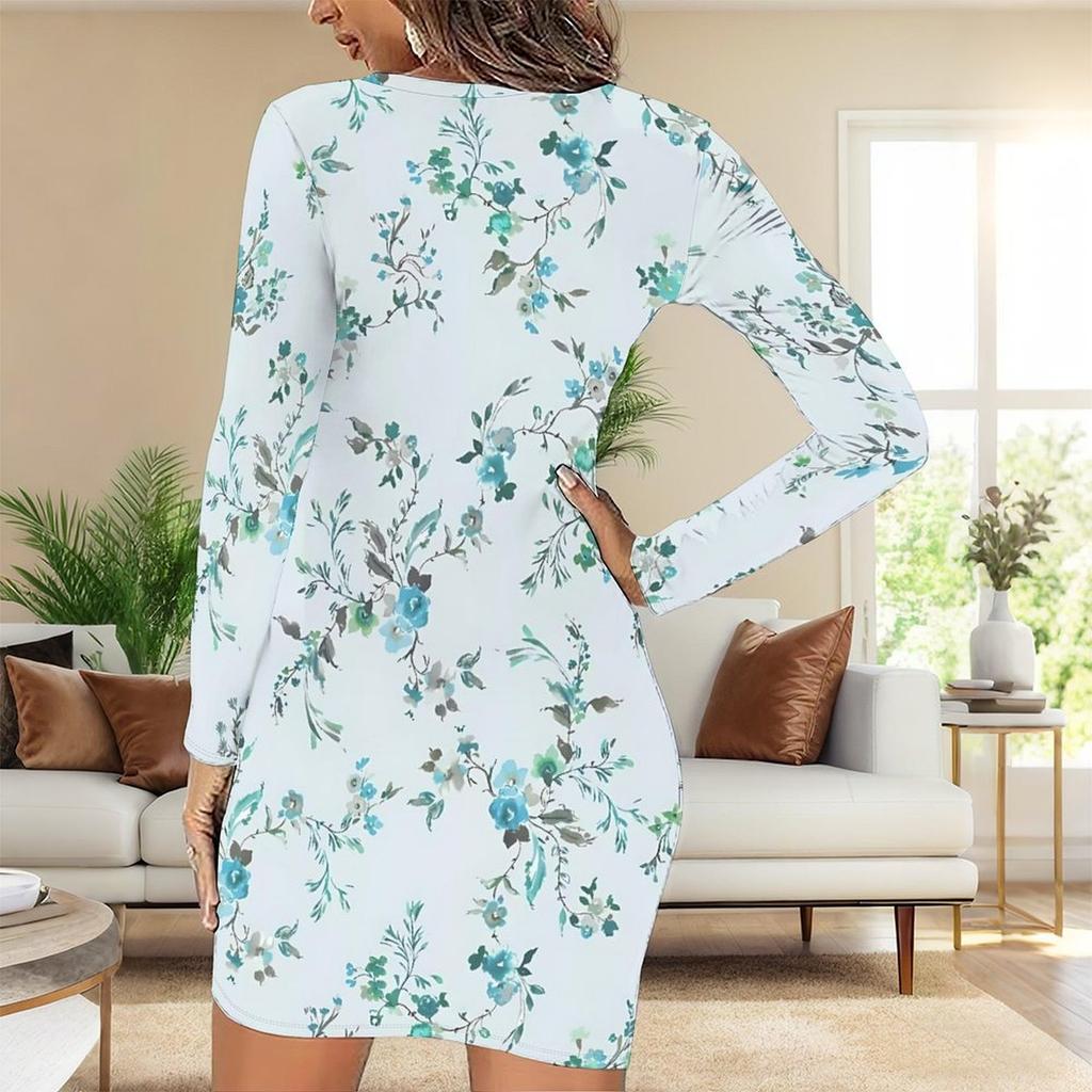 2025 Outono e Inverno Novo Estampa Floral 3D e Tingimento Moda Feminina Manga Longa Gola Redonda Vestido Envolvente de Quadril Dia dos Namorados Limitado