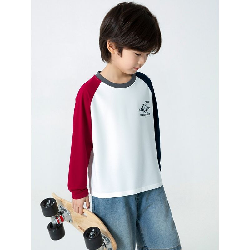 Korean Style Children's Clothing for Older Boys, Spring Cartoon Color-Blocking Round Neck Long-Sleeve T-Shirt, Pure Cotton Base Shirt
