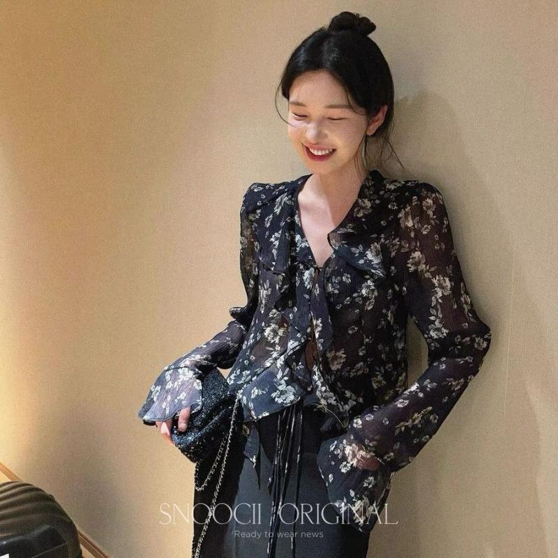 Women s Floral Print Ruffle Blouse Sheer Long Sleeve Chiffon Top S темно-синий