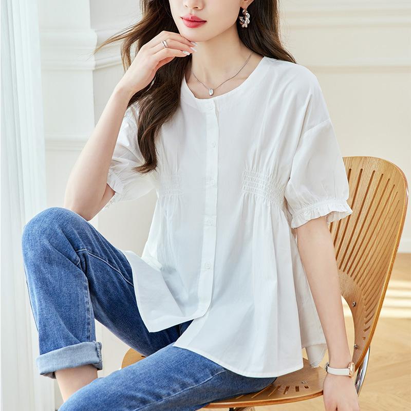 Asymmetric Pleated Short-sleeved Shirt for Summer New Design Niche Loose Round Neck Top