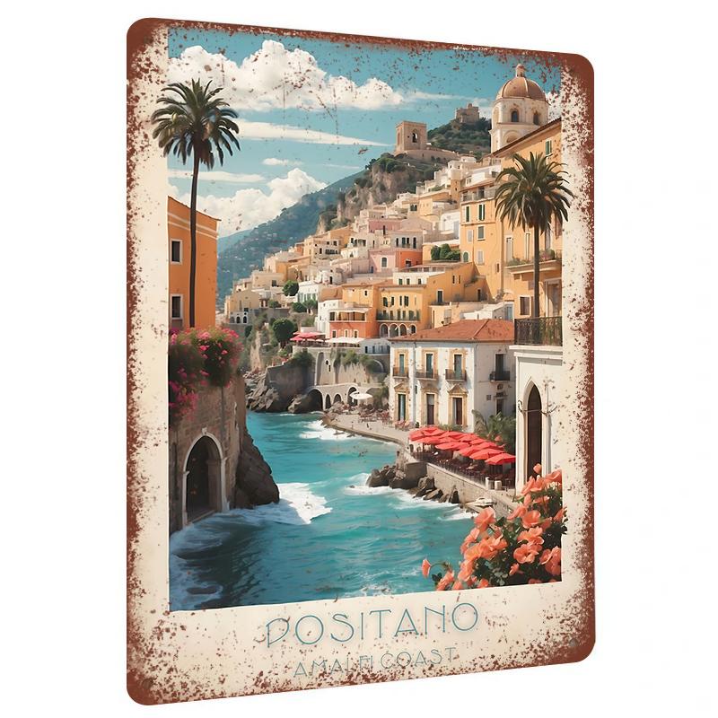 

Vintage Positano Coastal Metal Wall Art Italian Amalfi Landscape Decor for Living Room 20x30cm（7.8x11.8inch）