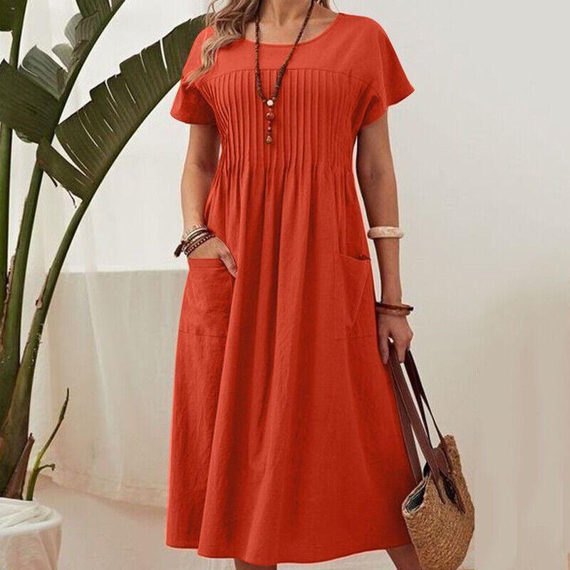 

Mid-length Dress, Summer Cotton and Linen Skirt, Pleated Design, A-line Skirt, Large Size Loose M красный