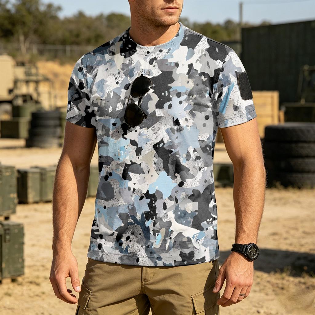 Men's Tactical Outdoor Quick Dry T Shirt Loose Fit Breathable Crew Neck Camouflage Print with Hook and Loop Patch Area for Sleeve