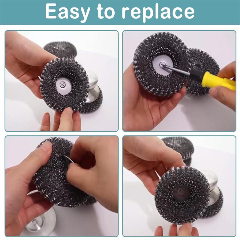 2Pcs Stainless Steel Scrubber with 2 Replacement Wire Pads Steel Wool Scrubber Pot Cleaning Brush Dishes Scrubber Cleaning Tool