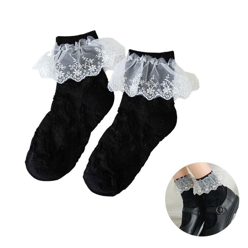 JK Girl Ruffle Lace Trim Cotton Ankle Socks Jacquard Knit Frilly Socks for Women