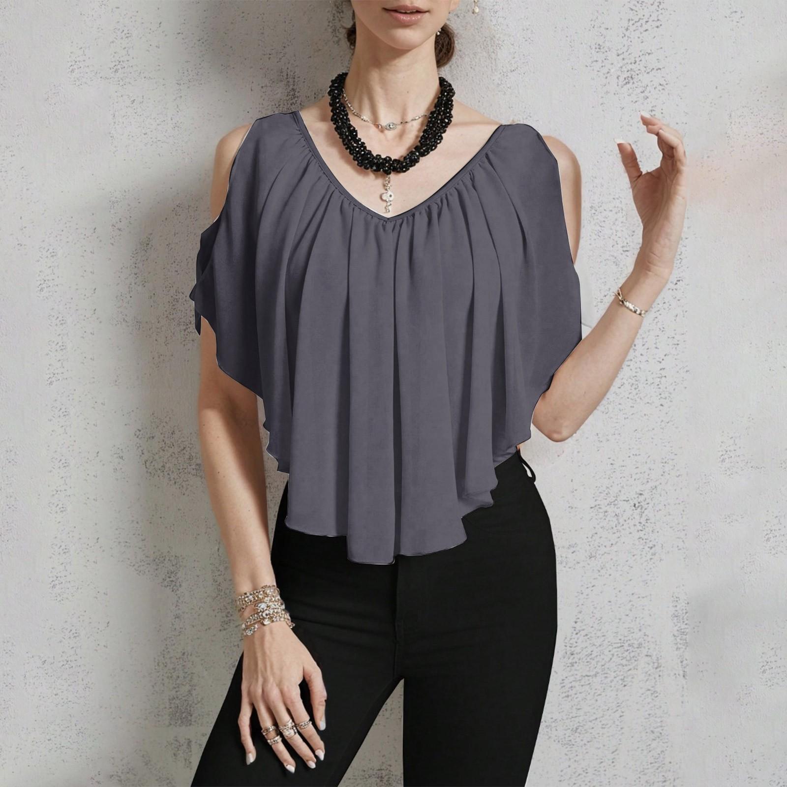 

Women s Casual V-neck Off-shoulder Solid Color T-shirt L чорний