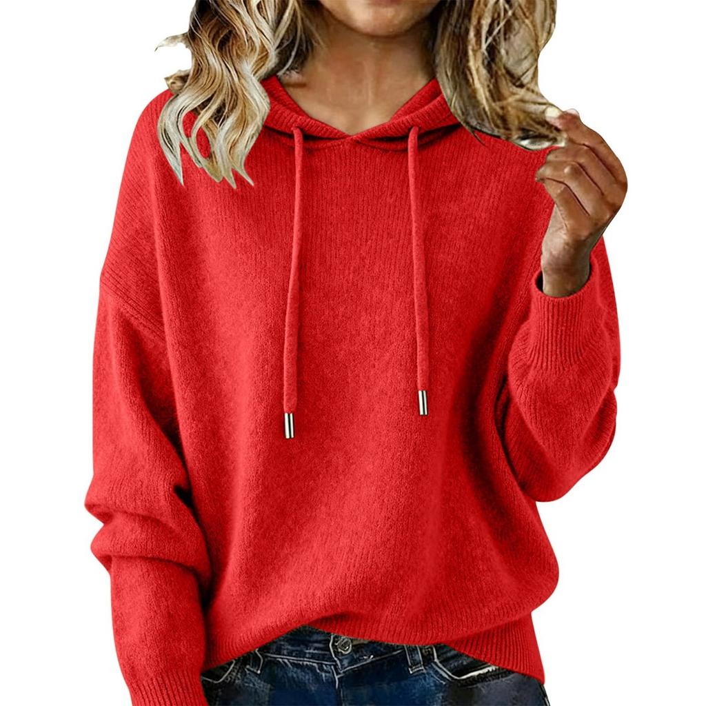 Fall Winter Women's Solid Color Drawstring Hooded Fleece Sweater Long Sleeve Casual Top for European American Crossborder