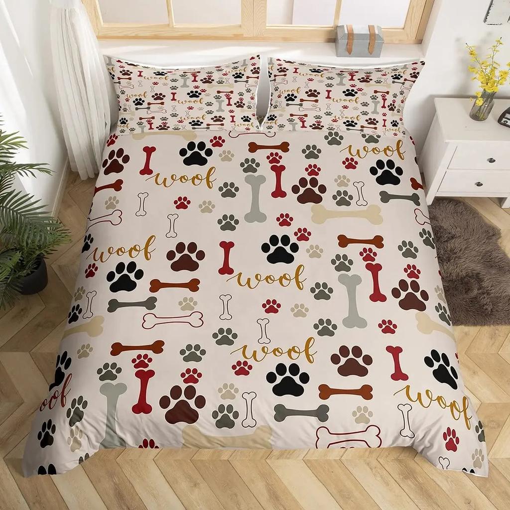 Dog Paw Print Duvet Cover Watercolor Gradient Puppy Footprints Comforter Cover with 2 Pillowcases,Funny Pets Animal Quilt Cover